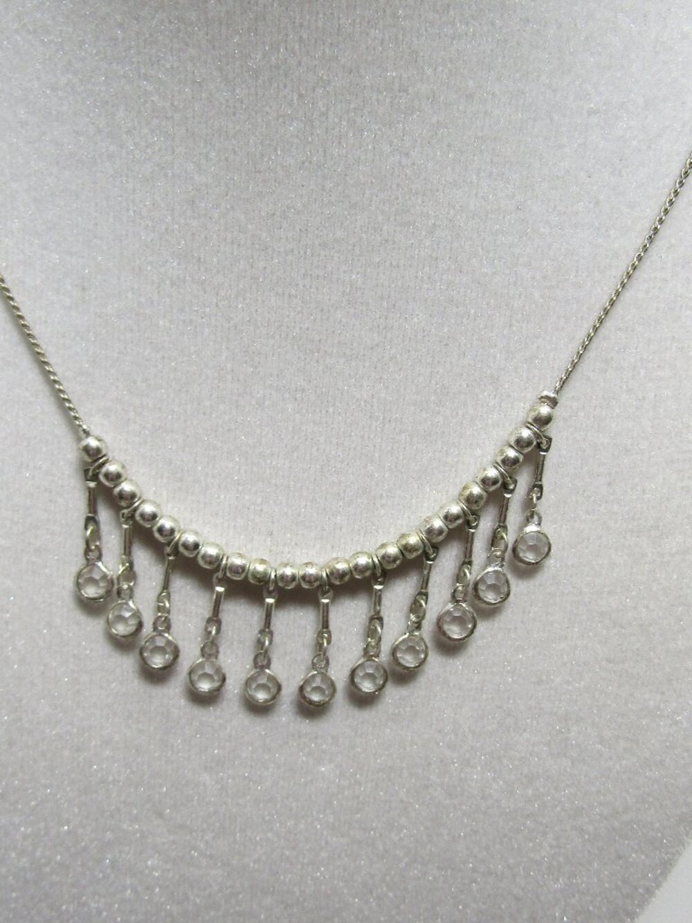 Silver Tone Choker Necklace Signed FI with tiny crop crystal beads 16 inches
